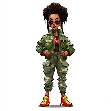cartoon illustration of a cute black woman, with attitude, leaning with crossed arms, wearing camouflage pants and a green, yellow and red, jacket with red sunglasses, two afro puffs hairstyle, clipart, white background