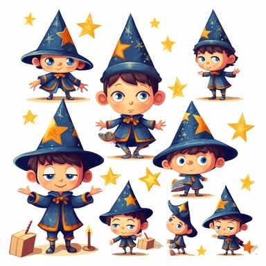 Fred the little wizard, a little wizard character, multiple cute poses and cute expressions, children's book illustration style clipart frame, simple, cute, full colour, royal blue pointy wizard hat, royal blue robe with yellow star patterns, black shoes, royal blue clothes, reddish brown unkempt hair, flat colour,