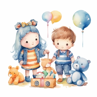 cute baby toys watercolor girl and boy clipart