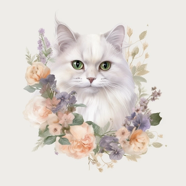 white fluffy cat with french lavender, peach roses and green foliage, Clipart pastel, style is watercolor, soft face, Adorable, Charming , Endearing , fluffy, Furry, Gentle, innocent Playful, Precious, soft, Sweet, Tender, Whimsical, 4k