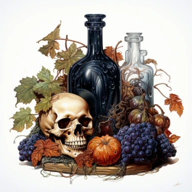 an svg vector clipart image of a Halloween still life oil painting inside an organic shape, Thomas Kincade style, hyper realistic, plain white background