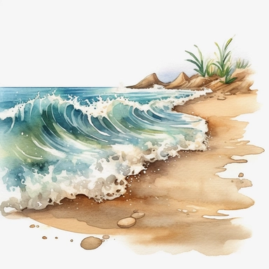 Sandy beach with waves, clipart, watercolor, white background