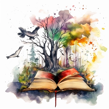 Watercolor Fantasy open Books Clipart with fantasy castlle, birds, trees, forest, clouds, very detalied, forest mistic look, magic colorful admosfere, gotic dark colorful admosphere, hight quality white background