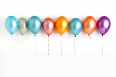 balloons lined up side by side, clip art, colourful stock photography, birthday, white background
