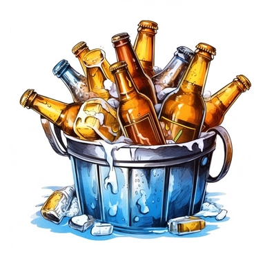 one ice bucket and beer bottle clipart on a white background, in the style of ink wash painter, light azure and dark amber, light amber and silver, light gold and light amber, luminous 3d objects , no watermark, text, 300 DPI , typography, shapes do not stick together, no text in the picture, on a white background