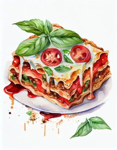 detailed watercolor lasagna on a plate, realistic, isolated on white background, clipart