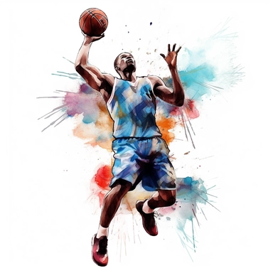 Basketball player in the hoop, highly detailed, watercolor, clipart, illustration, white background, digital painting, paper crafting, no signature, no text
