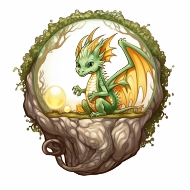 clipart white background: A precious baby dragon with pale green scales, shimmering gold accents, and a curious gaze, surrounded by ancient trees and magical floating orbs