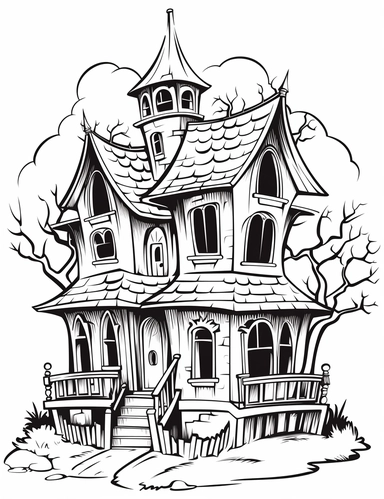 clipart friendly cartoon simple haunted house in the style of Pierre-Auguste Renior black and white child's coloring book, black and white smooth thick lines, solid white background, no background