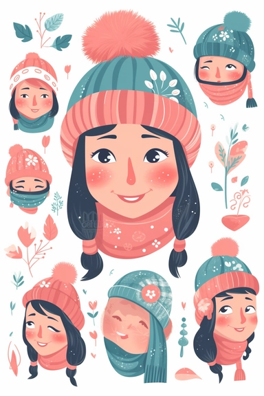 cute girl with beanie fantasy set of clipart on white background