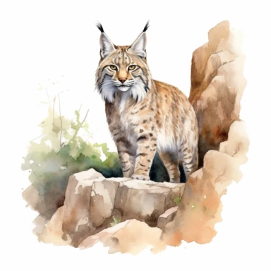 a striking watercolor-clipart image in Ghibli Studio style of an American Bobcat (Lynx rufus) in its natural habitat (rocky canyons or outcrops), white background, clean,