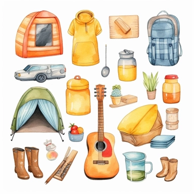 very cute watercolor realistic pencil drawing clipart, kids summer camping things, pastel colors, minimalist drawing, on white background, flatlay, gray academia, aquarelist style, award winner, drawing