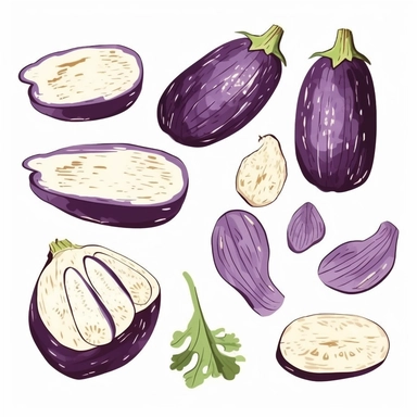 Vector painterly set with whole eggplant, sliced and chopped. editable, scalable illustration, isolated on a white background, Use it for recipes, restaurant menus and as food elements, 2d, vector art, isolated, shutterstock, clipart, game asset, white background in the style of good pizza great pizza game