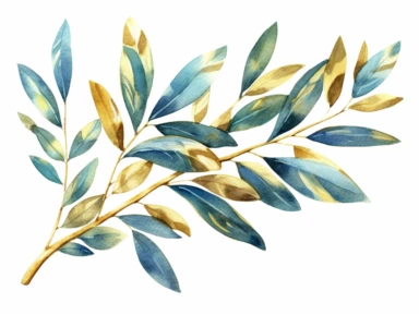 watercolor clipart high detailed teal olive branch with gold glitter on white background