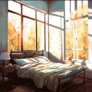 The morning sunlight shines into the window, and there is a bed in the room with oil paintings, White background, Clip Art Style