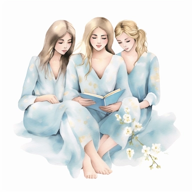 A delicate watercolor painting of chic powder blue, white, and gold three combo girl in floral pajamas sitting cross-legged and reading a book, arranged in an elegant composition, featuring soft and blended watercolor washes to create a harmonious and feminine aesthetic, clipart, clean png