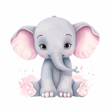 nursery cartoon clip art, cute baby elephant, soft pastel colors, clean isolated image, plain white background