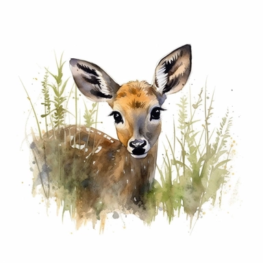 an adorable Deer behind grass in the style of watercolour clipart with detailed brush strokes