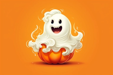 Cute ghost. Happy halloween ghosts characters, spooky expression creature. Funny scary magic demon with pumpkin, mystery creative nowaday vector clipart, realistic, full frame, very detailed
