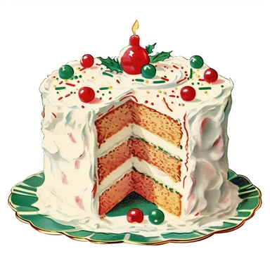 vintage Christmas cake clipart, with frosting, sprinkles, candy, m’n’ms, 1940s , chromolithograph, on a white background