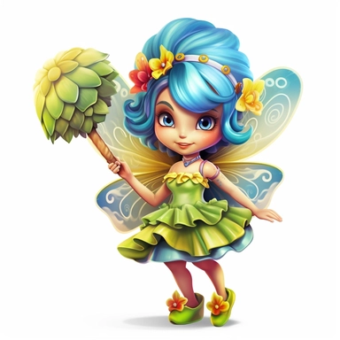 A 3D brightly colored cartoon character design of a tiny fairy with butterfly wings, wearing a flower dress, and a wand, with high detail, clipart stickers