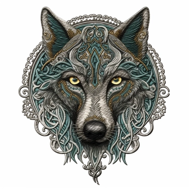 a highly detailed embroidery design of a celtic wolf, white background, clipart