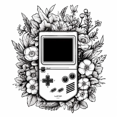 a Nintendo game boy with flowers around it, black and white color scheme in a clipart style