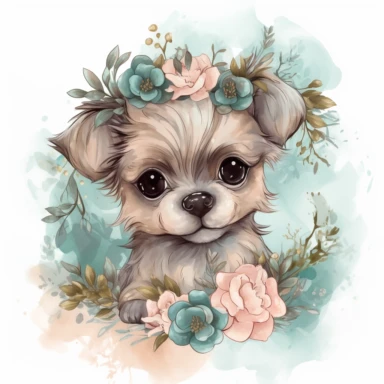 super cute newborn baby yorkie clipart with huge cute blue eyes happy smiling mouth painted in watercolor style, splashes, muted pastel blush pink and muted pastel sage green and muted pastel sage blue eucalyptus and peony flowers, white background jasmine becket griffith style 8k hd