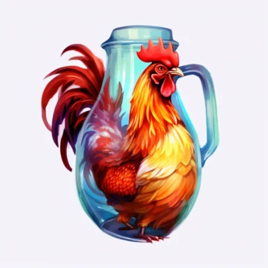 a 3d rooster living inside of a glass cider jug, water color clipart
