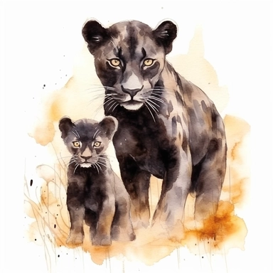 watercolour clipart, black panther and baby panther, standing, rich earth tones, sublimations