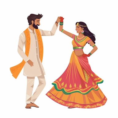 Indian bride and groom dancing simple indian folk art style image white background vector clip art
