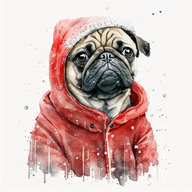 watercolor cute style, cute pug in christmas winter coat, christmas head, smiles, cute, pug in red ears, it's snowing, white background, clipart