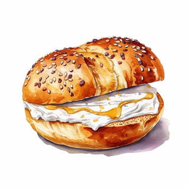 realistic bagel with cream cheese watercolor clipart on white background