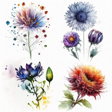 watercolor perfect detailed complicated a complete sheet with 4 different flower clipart with white background realistic colors, white background