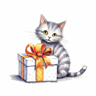 Axel scheffler illustration style cat christmas present, high definition, 16k, insanely detailed, fine detail, sharp focus, illustration, white background, isolated clipart vector