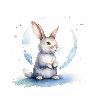watercolor, hyper realistic, white background, white margins, 16k, ultra detailed clipart, cut out image, hand-drawn watercolor, hyper realistic, white background, white margins, 16k, ultra detailed clipart, cut out image, hand-drawn bunny rabbit sitting on the moon, in the style of dreamy watercolor scenes, the stars art group (xing xing), magali villeneuve, dark blue and yellow, childhood arcadias, moosa al halyan
