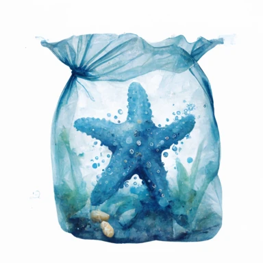 watercolour handmade clipart of a blue transparent plastic bag in the ocean, starfish in it, save the ocean concept
