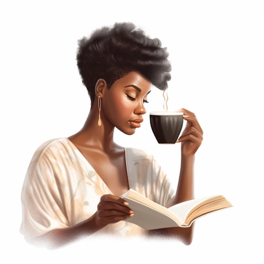 Gorgeous black woman clipart, studying the bible sipping a coffee, pixie cut hairstyle, peach blouse, dark brown skinned, melanin, white background