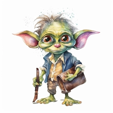 Create a watercolor clipart of a cute goblin in work attire, perfect for adding a quirky touch to your designs. The goblin should be depicted in a pastel color palette, with soft, whimsical brushstrokes and no background, making it easy to integrate into any project. Use a wide-angle camera lens to capture the goblin from a slightly lower angle, emphasizing its playful, mischievous nature.