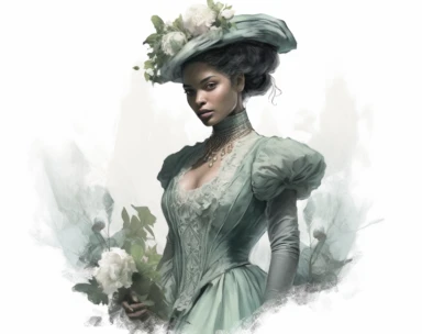 mint green pastel vector clipart african american mrs, in the style of dark white and light emerald, victorian-inspired illustrations, detailed botanical studies, nick alm, jeannette guichard-bunel, sterling silver highlights, hand-painted details