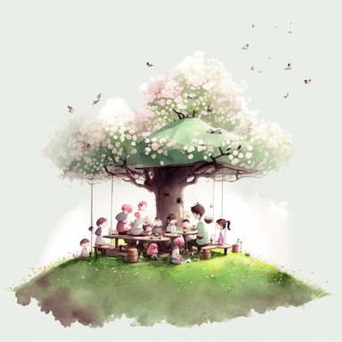 in the style of andreas rocha, Mary Blair, Gabriel Pacheco, Anastasia Suvorova, Jon Klassen, jo grundy, separated isolated single of picnic time under the sakura tree, abundant food, green grass, petals rain, wind blowing, flowers, tranquil and serene, white background, fantasy, magical, cute, white background, cozy, vector, clipart, elaborate, ultra-detailed, best quality digital illustration, well composed, vibrant colors, high definition, UHD