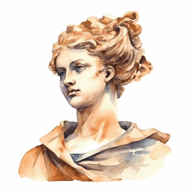 terracota marble statue, head of a woman, looking like greek goddess, detailed, clipart, watercolor