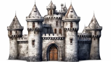 isolated images, illustrations on a white background, heavy armored castle walls exterior , serene, dark fantasy ,Clipart, cartoon, realistic, isolated, full building, highly detailed, hdr, 32K, photo expert quality,game asset , hyperrealistic and highly detailed, isolated on a white background