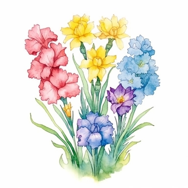 Design a hand-drawn watercolor clip art image of a family gift niche adorned with birth flowers representing each family member. Customize the image by selecting the birth flowers for a family of five: a January baby (Carnation), a March baby (Daffodil), a July baby (Larkspur), an October baby (Marigold), and a December baby (Holly). Ensure that the colors are vibrant and the composition radiates love and warmth.
