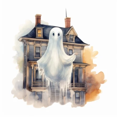 hand drawn little floating ghost outside a Victorian mansion, on Halloween night, ghost is glowing and almost sheer, cute and glamorous , very detailed and realistic, watercolor, white background with margins, clipart style