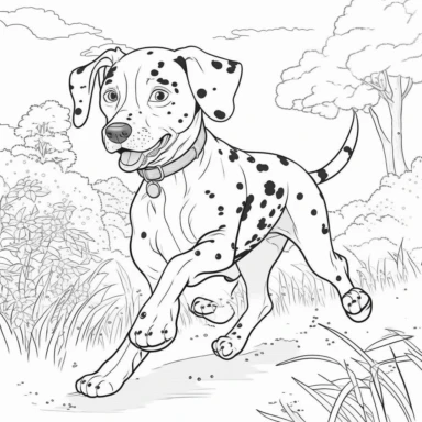 coloring book page for kids, cute dalmatian happy running, realistic, clipart, cartoon children's stylehand drawn line art, black and white,