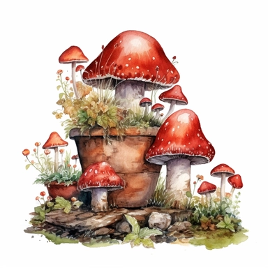 picturesque garden scene, clay pots filled with red cap mushrooms, clipart on white background, watercolor style, autumn vibes, super high detail high quality 16k HD, painted by Beatrix Potter