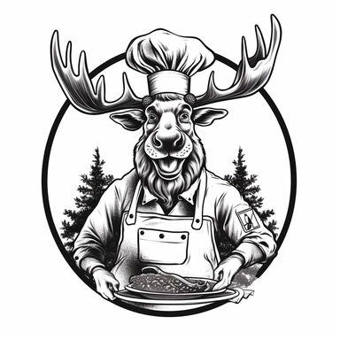 logo of a funny moose with a fork and knife and wearing a chefs hat for a barbeque and wearing a barbecue apron clipart style like the swedish chef in black and white