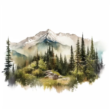 Watercolor wide mountain scene with trees, beautiful details, ultra detailed, ultra photo real intricate detailed, high definition, graphic clipart, hyper realistic, detailed, white background