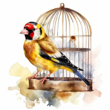 An endearing watercolor European goldfinch bird clipart of European goldfinch bird in cage 300DPI